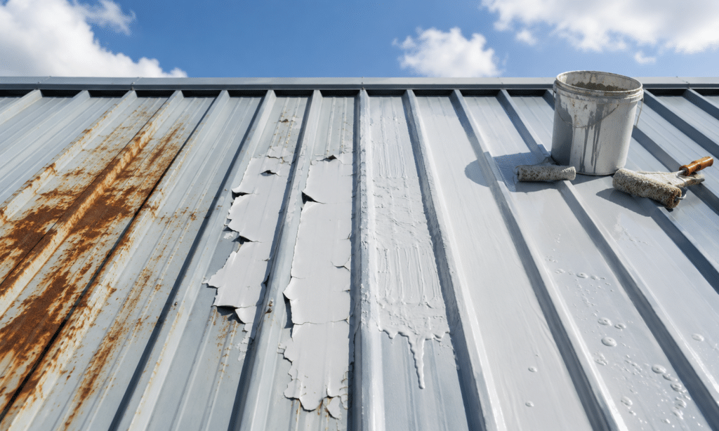 Metal roof with peeling paint and rust